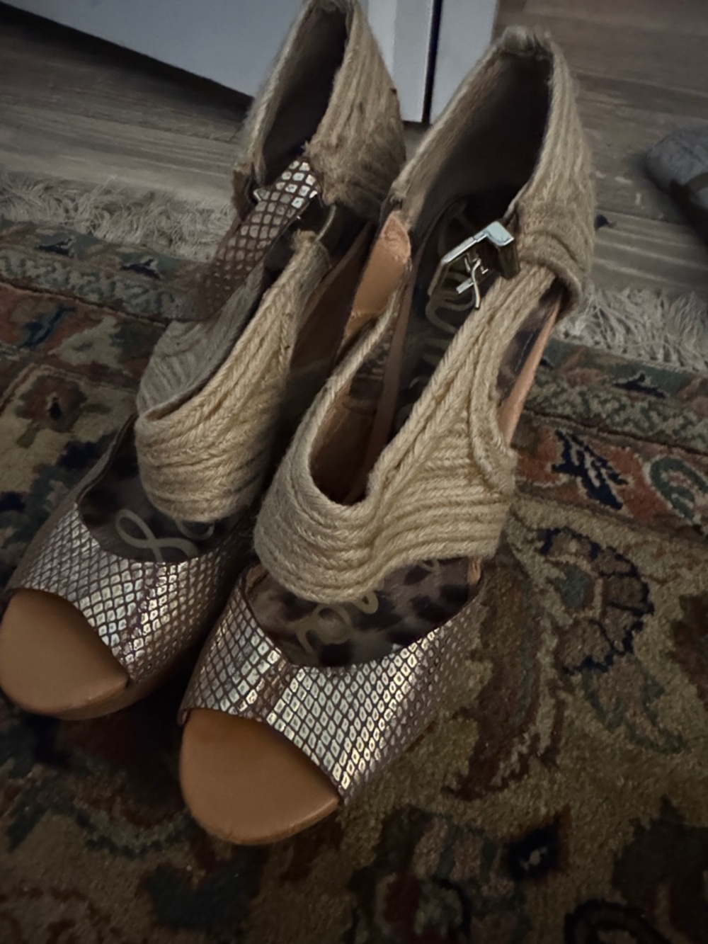 Sam Edelman Tan and Metallic Espadrille Wedge Sandals